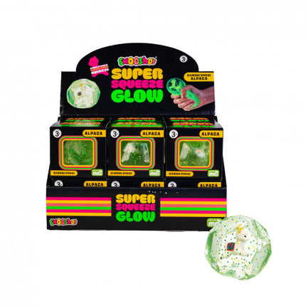 Smooshos Super Squeeze Diamond Sphere GID Alpaca glowing squishy sensory toy in retail display box with multiple units