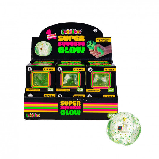 Smooshos Super Squeeze Diamond Sphere GID Alpaca glowing squishy sensory toy in retail display box with multiple units