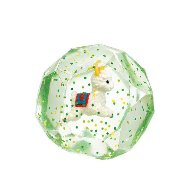 Smooshos Super Squeeze Diamond Sphere GID Alpaca with small alpaca figure inside clear faceted squishy sphere with green dots