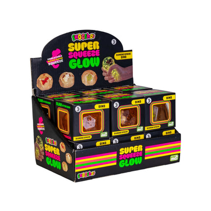 Box display of Smooshos Super Squeeze Diamond Sphere GID Dino squishies glowing with dinosaur shapes inside.