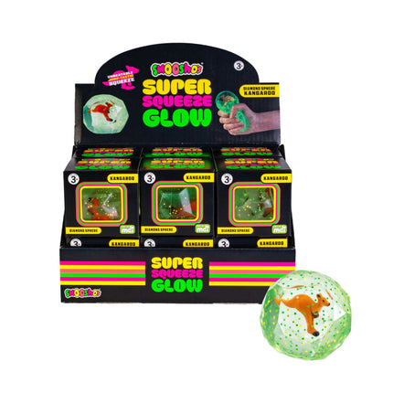 Smooshos Super Squeeze Diamond Sphere GID Kangaroo glowing green squishy toy with kangaroo figure in display box