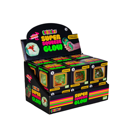 Box display of Smooshos Super Squeeze Diamond Sphere GID Kangaroo sensory squishies for calming and focus.