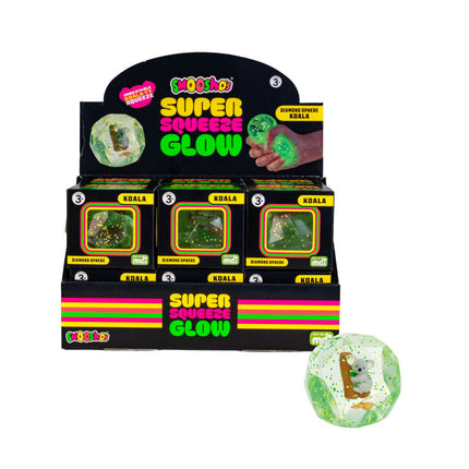 Smooshos Super Squeeze Diamond Sphere GID Koala sensory squishy in green with a koala figure inside, for calming play.