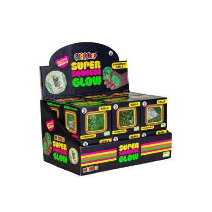 Display box of Smooshos Super Squeeze Diamond Sphere GID Koala sensory squishies glowing in the dark for calming play