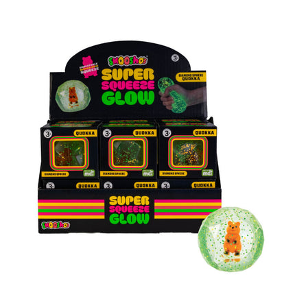Smooshos Super Squeeze Diamond Sphere GID Quokka glowing green squishy ball with a quokka figure inside and glitter details.