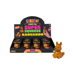 Smooshos Super Squeeze Furry Pals Kangaroo sensory squishy toy in display box with one removed for squeezing.
