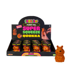 Display box of Smooshos Super Squeeze Furry Pals Quokka orange sensory squishy toys with one toy beside the box.