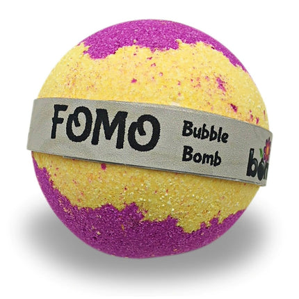 The Big Bubble Bath - Fizzy Dust and Bubble Bomb Set showing purple and yellow bath bomb with sensory calming benefits.