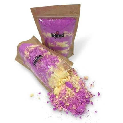 Bubble Bath Fizzing Bubble Dust Set Mermaid Kisses Love Spell & FOMO Create Mountains of Bubbles in purple and yellow powder.