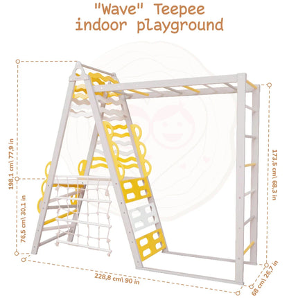 Wooden Teepee Playground with climbing wall, monkey bars, and rope ladder in white and yellow for indoor play