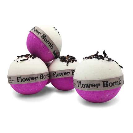 Flower Bomb Bubble Bath Bomb in Pink Lychee and Rose Petals Set of 6 with dried flower petals on top, helping families thrive with tools to calm, connect and support