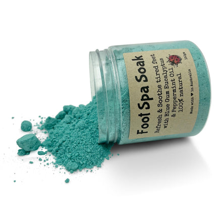Bomd Body Skin Scrub n Soak Pamper Set includes Original Coffee Scrub Foot Treatment & Milk n Honey Bubble Bath Salt Soak in blue spa soak powder.