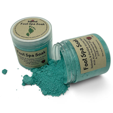 Foot Spa Soak with Bluegum Eucalyptus and Peppermint Essential Oils in jars, blue-green powder spilled, calming sensory aid.
