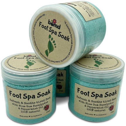 Foot Spa Soak with Bluegum Eucalyptus and Peppermint Essential Oils in clear jars, helping families thrive with tools to calm connect and support
