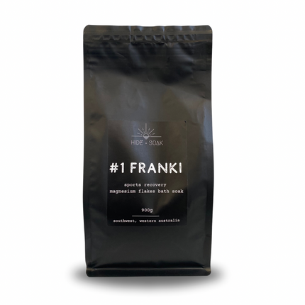 Black resealable pouch of #1 Franki - Sports Recovery - Magnesium Flakes Bath Salts | 900g for calming and recovery support.