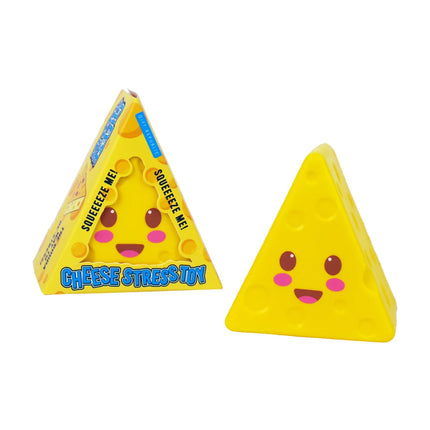 Gift Republic - Cheese Stress To yellow cheese shaped stress toy with smiling face and packaging