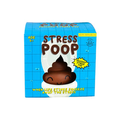 Stress Poo Stress Toy packaging with smiling brown poop graphic and blue background for sensory fidget use.