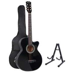 Alpha 38 Inch Acoustic Guitar Wooden Body Steel String Full Size w/ Stand Black with soft case and guitar stand.