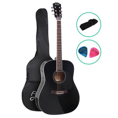 Alpha 41 Inch Acoustic Guitar Wooden Body Steel String Dreadnought Black with soft case, strap, and picks included.