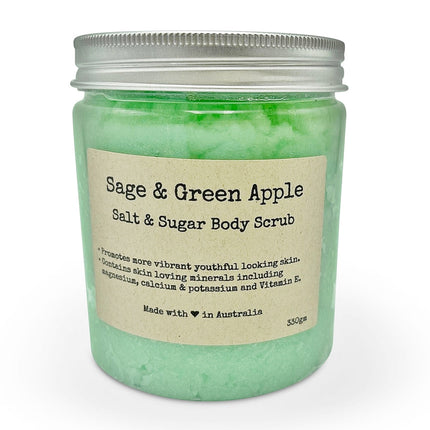 Sage & Green Apple Sea Salt Sugar & Coconut Oil Body Scrub jar with green scrub for skin renewal and hydration