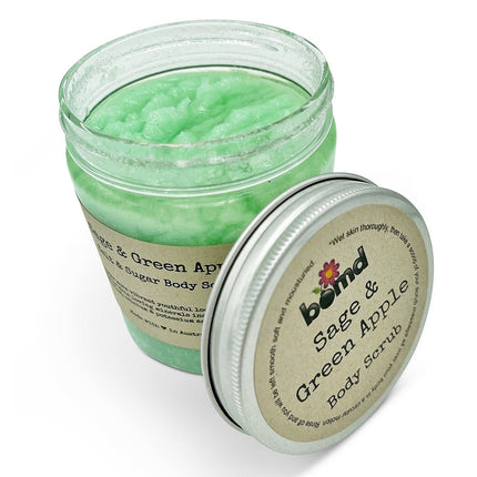 Sage & Green Apple Sea Salt Sugar & Coconut Oil Body Scrub in clear jar with green scrub, helping families thrive with tools to calm connect and support