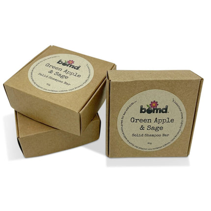 Three cardboard boxes of Green Apple & Sage Perfect Shampoo Bar 60gms Hair Cleanser with natural packaging helping families thrive with tools to calm connect and support