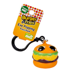 Burger Eye Popping Keychain featuring a colorful burger design, a fun sensory fidget to calm and connect families.
