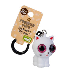 Cat Eye Popping Keychain sensory fidget toy in white cat shape with large pink glitter eyes on black ring attachment