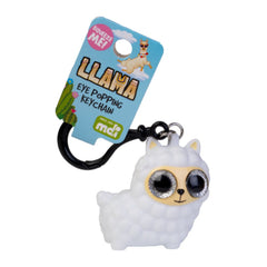 Llama Eye Popping Keychain sensory fidget toy with large eyes, attached to black clip, helping families thrive with tools to calm connect support