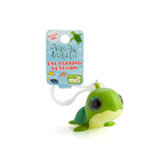 Aqua World Eye Popping Keychain featuring a green turtle with movable eyes, sensory toy helping families thrive.