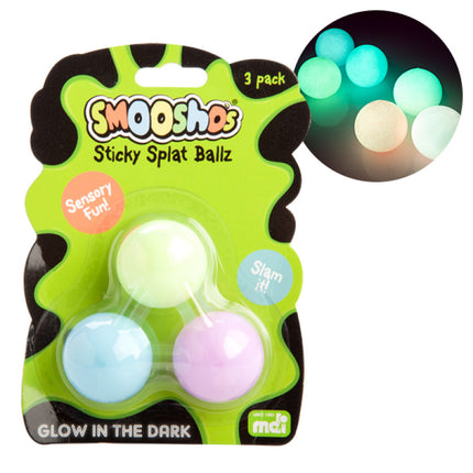 Smoosho's Glow-in-the-Dark Sticky Splat Ballz - Set of 3 sensory fidget balls in pastel colors with glowing effect.