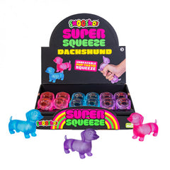 Smoosho's Super Squeeze Dachshund colorful squishies displayed in box, designed as calming sensory fidgets.