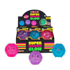 Smoosho's Super Squeeze Glow-in-the-dark Echidna sensory fidget toys in bright colors displayed in packaging box