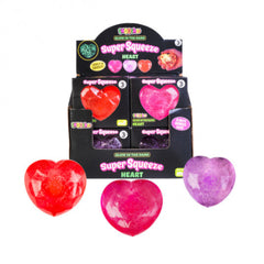 Smoosho's Super Squeeze Glow in the Dark Heart sensory fidget squishies in red, pink, and purple colors.