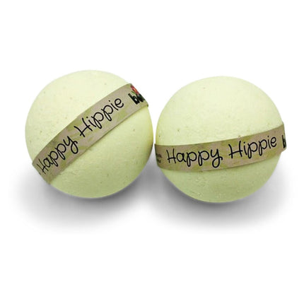 Two light green Happy Hippie Body Soak Bath Bombs with Skin Loving Hemp Seed Oil - No Added Colour on white background