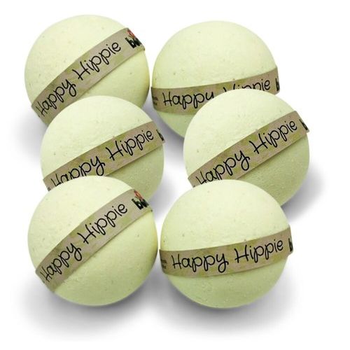 Set of six pale yellow bath bombs wrapped with labels for Happy Hippie Hemp Oil Monthly Subscription Bath Bath Body Soak, helping families thrive with tools to calm, connect and support