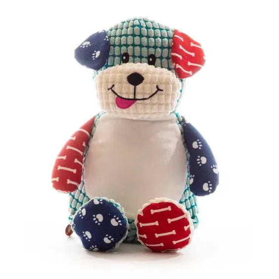 Weighted Animals - Sensory Dog (incl crinkle plastic) plush toy with colorful textured fabric patches for sensory stimulation.