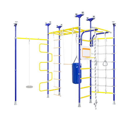 Monkey Bars Swedish Explorer Bundle - No Drill indoor climbing frame with swing, ladder, punching bag, and basketball hoop. Helping families thrive with tools to calm, connect and support