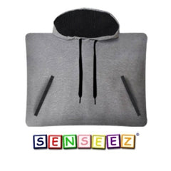 Senseez Hoodie Style Cushion for Teens in grey with black hood interior, helping families thrive with tools to calm.