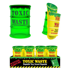 Toxic Waste Squishi- Scented Squishie shaped like a green and yellow toxic waste barrel fidget toy for sensory play