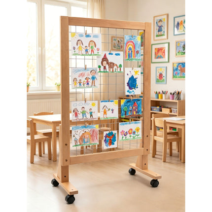 (NEW) Growth-Friendly Mobile Art Rack in wooden frame displaying children's artwork in bright classroom setting, helping families thrive with tools to calm, connect and support.