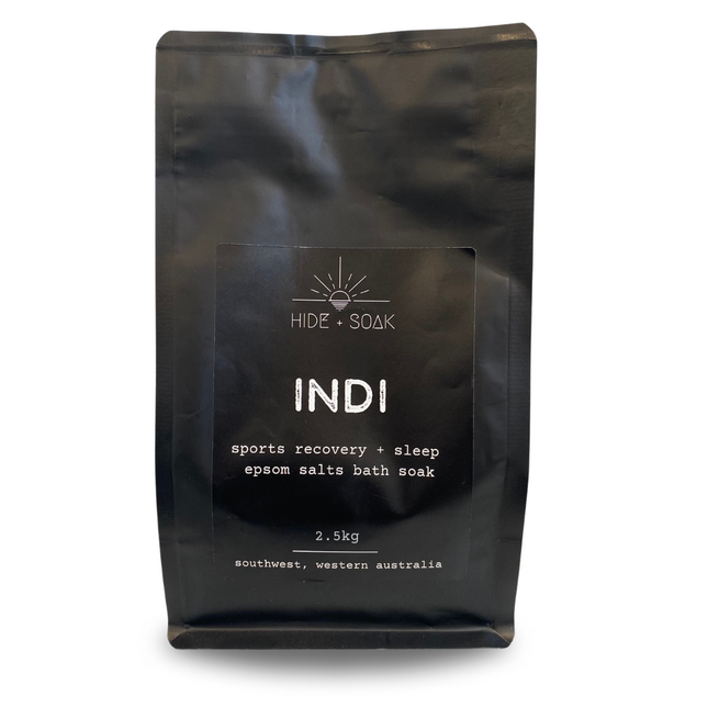 Indi - 2.5kg BULK BUY - Sports Recovery - Relax + Sleep Epsom Salts Bath Soak in black resealable pouch Helping families thrive with tools to calm connect and support