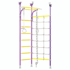 Indoor Climbing Ladder & Cargo Net Bundle – No Drill in purple and yellow, designed to calm, connect and support families.
