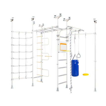 Monkey Bars Swedish Explorer Bundle - No Drill indoor climbing frame with ropes, ladder, punching bag, and basketball hoop. Helping families thrive.