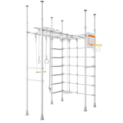 Monkey Bars Jungle Gym Bundle - No Drill indoor climbing frame with rings, rope, and basketball hoop, pastel colors