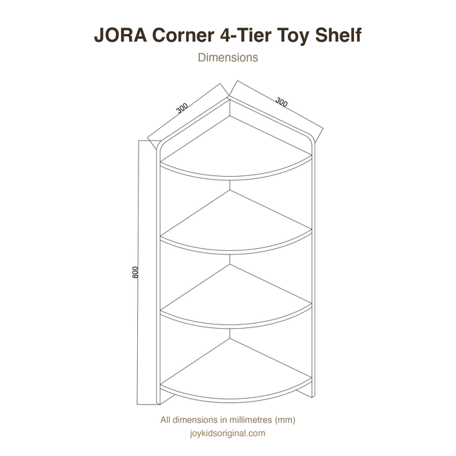 JORA Corner 4-Tier Corner Shelf line drawing showing dimensions for organizing sensory and educational items.