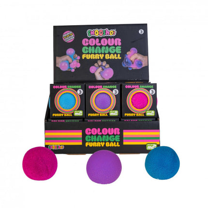 Smoosho's Colour Change Furry Ball sensory squishy balls in pink purple and blue with display packaging