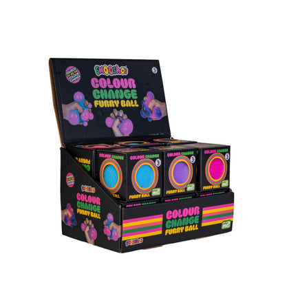 Smoosho's Colour Change Furry Ball sensory squishy retail display with colourful furry balls