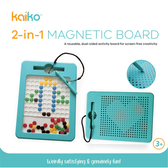 2-in-1 Magnetic Board - 2 Sided Magnetic Drawing & Pixel Board in blue with colorful magnetic pegs and stylus for creative, screen-free play and learning.