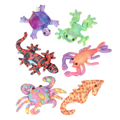 Colorful fabric sea creatures including turtle, frog, crab, lobster, gecko, and seahorse in Sandimals Assorted set